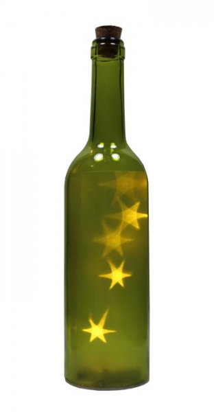 Flasche mit LED-Lichterkette Stern, Glas grün kompl. ink. Presskorken, Einzelstück!